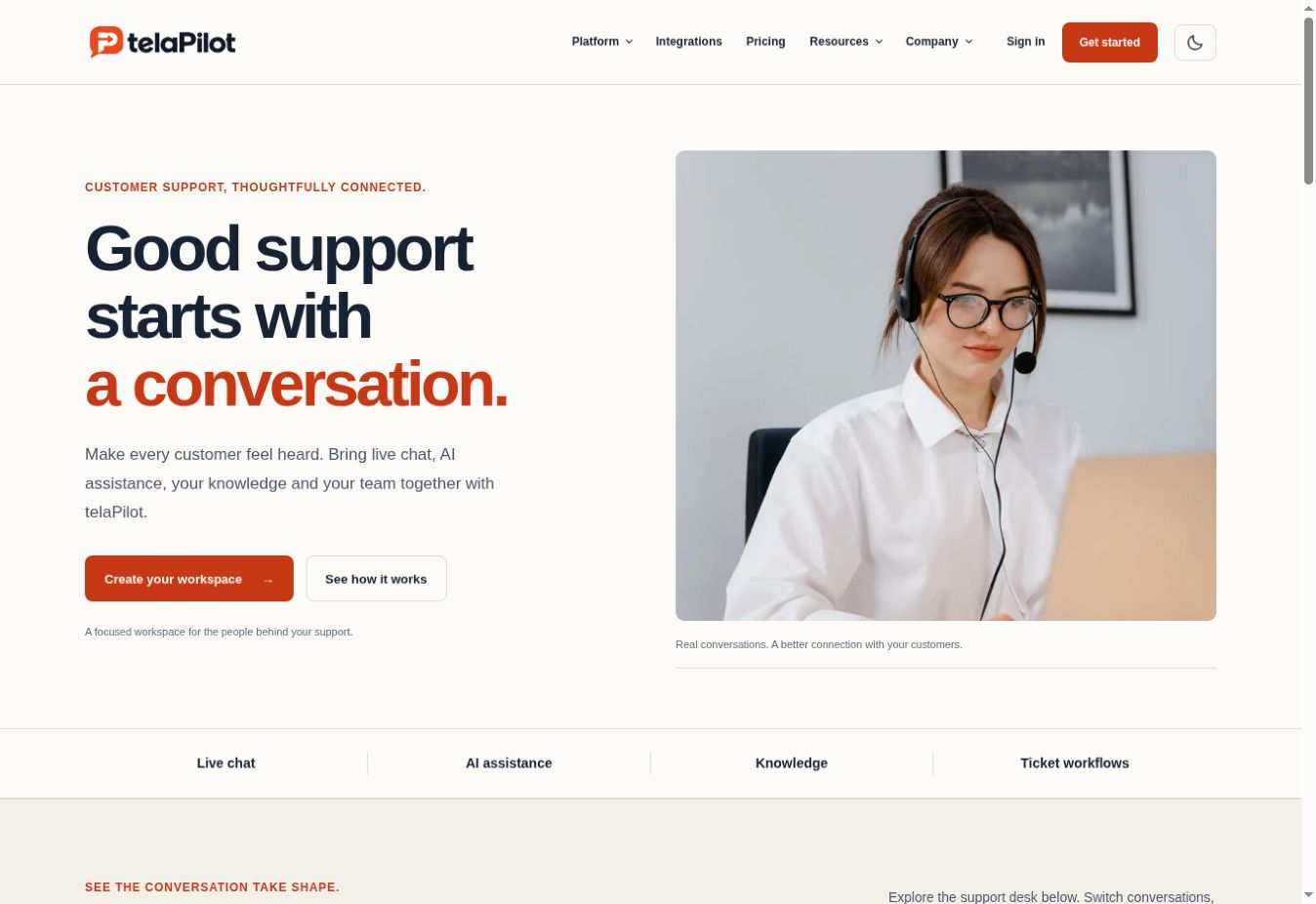 telaPilot public website showing its customer conversation and engagement platform.