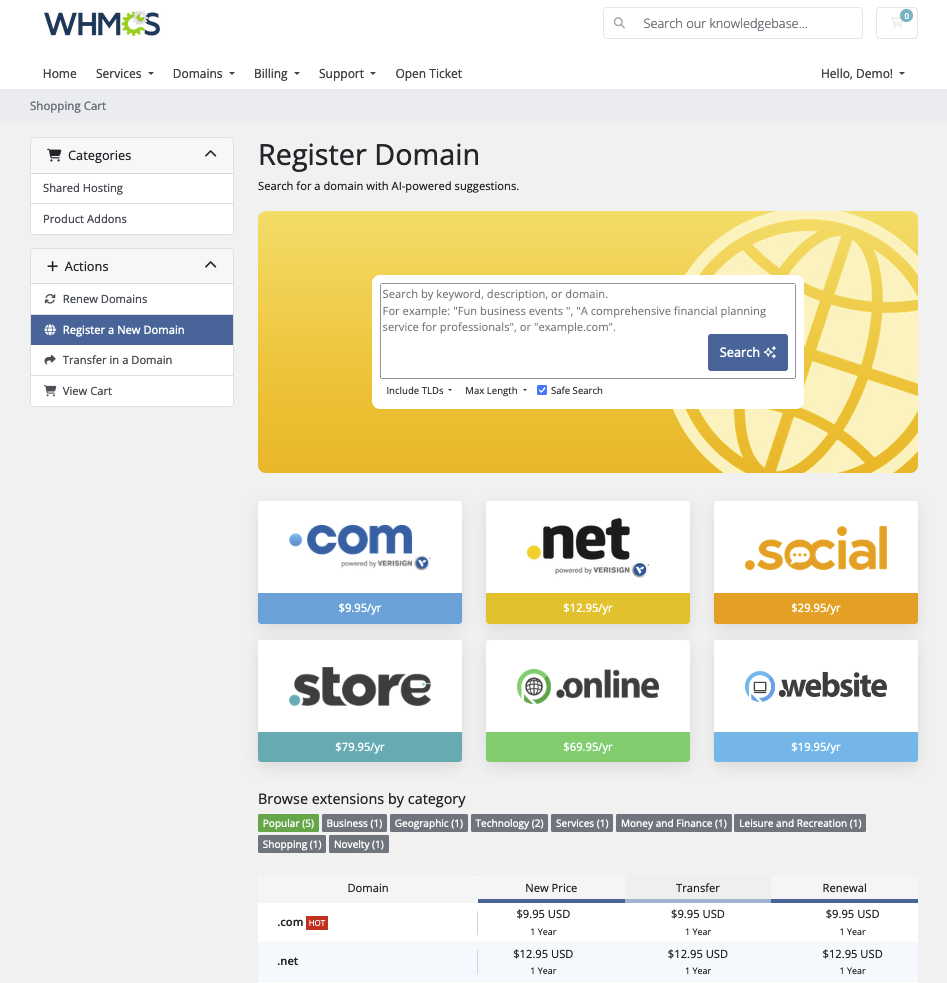 The official WHMCS client area domain registration interface.